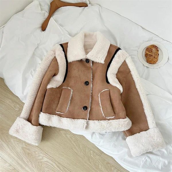 Casacos de trincheira femininos inverno jaqueta curta emendada design de pelúcia quente lã temperamento retalhos outerwear feminino manga longa casaco de caxemira
