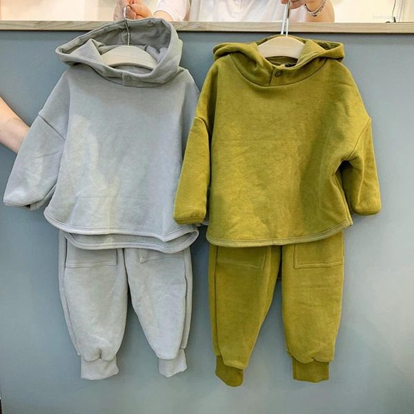 Комплекты одежды, корейский детский комплект сверху и снизу, минималистичный пуловер на пуговицах для мальчиков и девочек, толстовка с капюшоном, брюки для отдыха, осенние комплекты из двух предметов