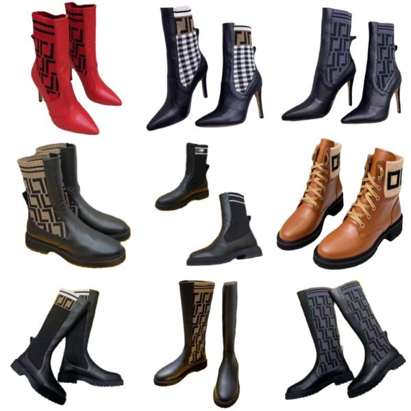 Stiefel mit Buchstaben, Marke, High Heels, Damen, gestrickt, modische Stiefel, klassische Vintage-Stiefeletten, spitze Zehenhalbstiefel, echtes Leder, Designer-Stiefel, Luxus-Stiletto-Absätze