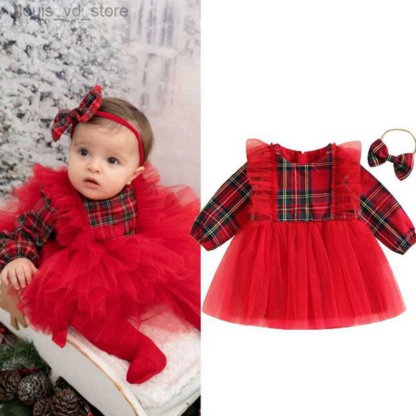 Abiti da ragazza FOCUSNORM 0-4Y Bambino Bambini Ragazze Abito natalizio 2 pezzi Manica lunga Stampa scozzese Pizzo Tulle Patchwork Abito tutu Fascia T231205