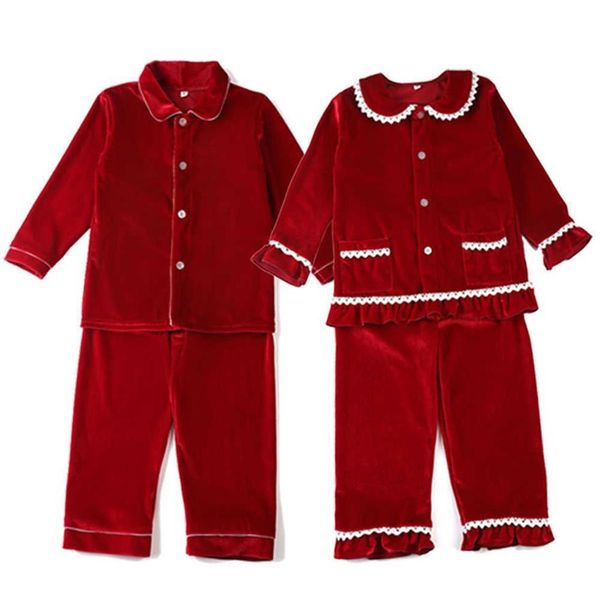 Boutique invernale tessuto in velluto rosso vestiti per bambini pigiama con pizzo bambino ragazzi set pigiama ragazza baby pigiameria 210908312K