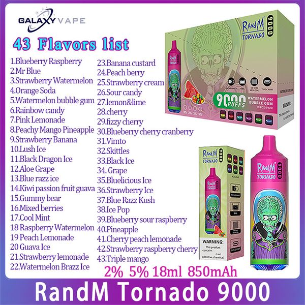 100 % Original RandM Tornado 9000 Puff Einweg-Vape, 43 Geschmacksrichtungen, 18 ml vorgefüllter Pod, E-Zigarette, 600 mAh, wiederaufladbare Batterie, Puffs 9 Kit