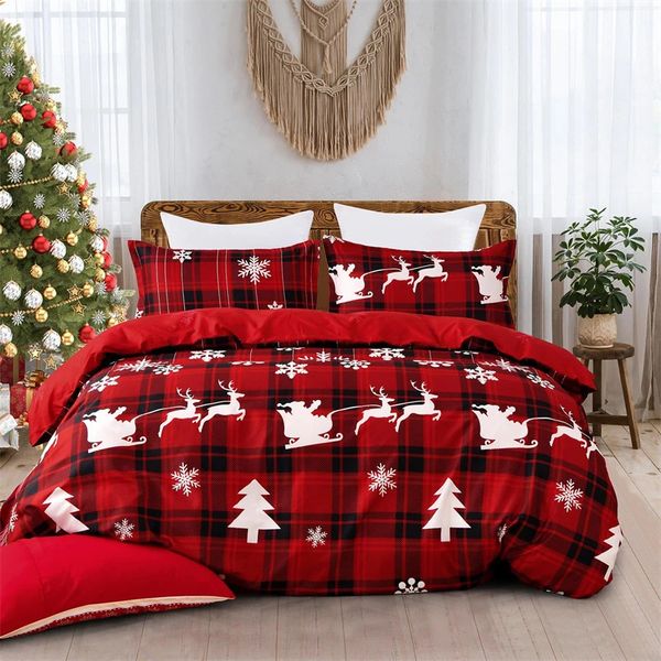 Conjuntos de cama 3 peças Natal Duvet Set Red Buffalo Xadrez Capa Papai Noel Rena Floco de Neve Padrão Presente 231204