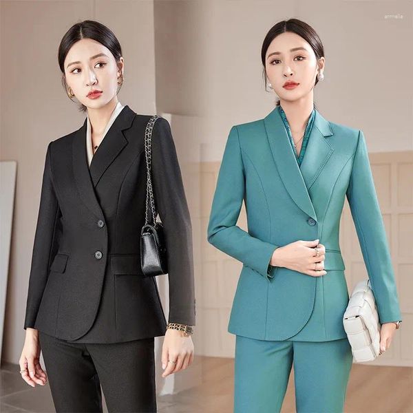 Kadınlar İki Parçası Uzun Kollu Düğme Düz Renk Yeşil Moda Takım Siyah Resim Kumaş İş Üniformaları