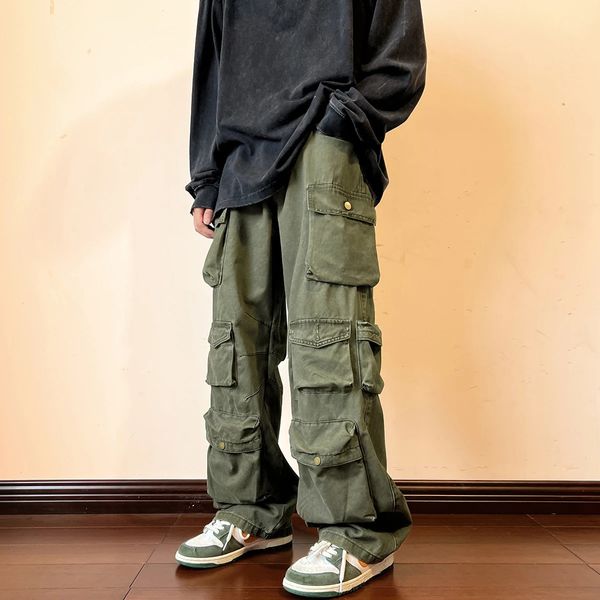 Calças masculinas carga multibolso macacão harajuku retro solto wideleg rua casual hiphop em linha reta cintura alta mop 231204