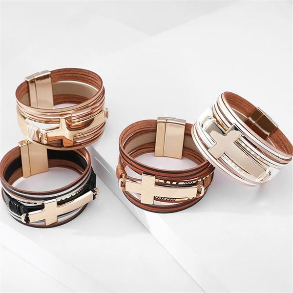 Bracciale stile etnico Coppia gioielli Polsini larghi in vera pelle Bracciale da donna Croce Fibbia magnetica Fascino Donna245a