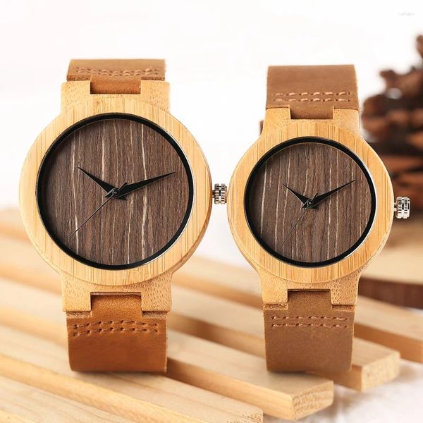 Relógios de pulso artesanais relógios de amante de madeira minimalista homens mulheres bambu relógio de quartzo de madeira pulseira de couro marrom relógio de pulso criativo para casal