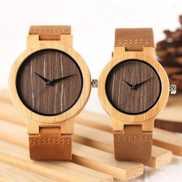 Orologi da polso Orologi da amante del legno fatti a mano Orologio minimalista da uomo e da donna Orologio al quarzo in legno di bambù Cinturino in pelle marrone Orologio da polso creativo per coppia