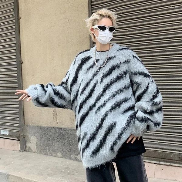 Coletes masculinos leopardo impressão camisola de malha para versão coreana na moda alta rua bonito cor bloqueando 2023 inverno ins solto