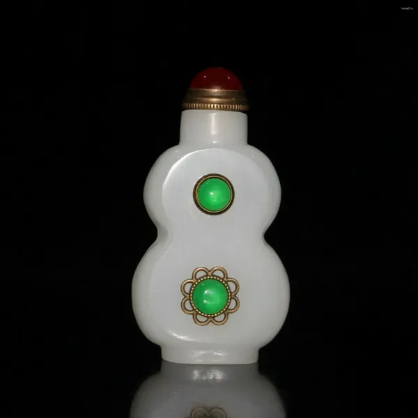 Flaschen Chinesische Schnupftabakflasche aus Glas mit Intarsien aus kürbisförmigen Gläsern und Deckeln aus grüner Jade