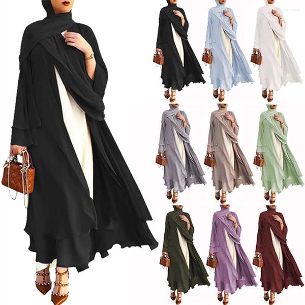 Etnik Giyim Kimono Açık Abaya Mütevazı Moda Katmanlı Uzun Kollu Talif Toptan Kadın Müslüman Elbise Dubai İslami