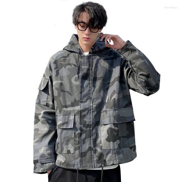 Jaquetas masculinas 2023 primavera outono cinza camuflagem jaqueta com capuz homens/mulheres casal maré marca retro casual solto exército verde outerwear