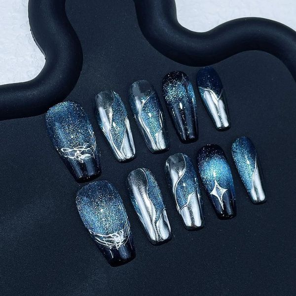 Unhas Falsas Artesanal Coreano Luxo Pressione com Design Reutilizável Adesivo Cat Eye Artifical Nail Tip Stickon Art Y2K 231204