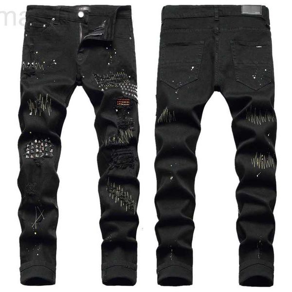 Herren Jeans Designer Trendy Marke Jeans Herren Winter Slim Fit Kleine Füße Elastische Schwarze Loch Patch Perlen Hosen V92S