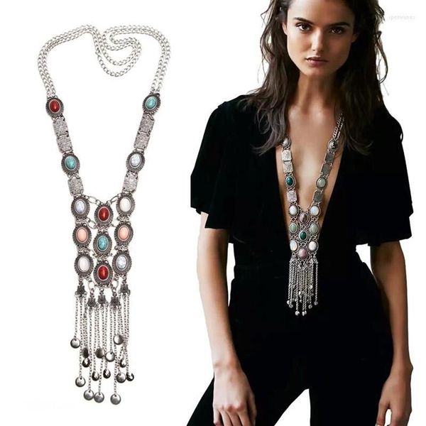 Цепочки в стиле ретро, винтажные богемные красочные бирюзовые камни, длинные ожерелья с кисточками для женщин, ювелирные изделия в стиле бохо, оптом Whole322I