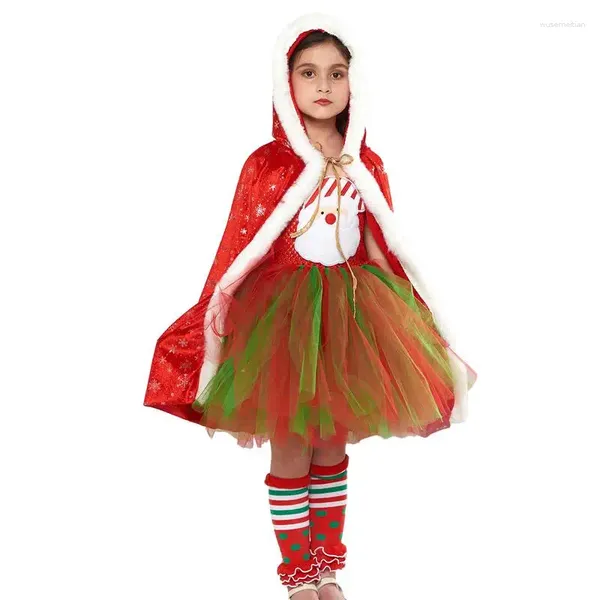 Abiti da ragazza per bambine, abito da Babbo Natale con mantello, gonna tutù, senza maniche, soffice cosplay, palcoscenico rosso