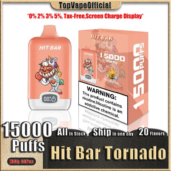 Original Hit Bar Tornado 15000 Puffs Tela de Carga Display Recarregável E Cigarros Vape Pen 0% 2% 3% 5% Bobina de Malha 600mAh 18ml VS UZY Digital Box 15000