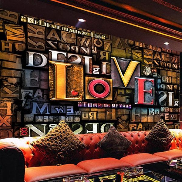 Papel de parede po personalizado 3d estereoscópico em relevo moda criativa letras em inglês amor restaurante café fundo mural decor285t