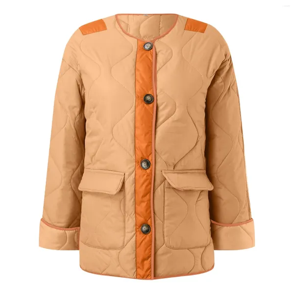 Giacche da donna Autunno e inverno Cappotto vintage da donna in cotone trapuntato sciolto a blocchi di colore con doppia tasca applicata