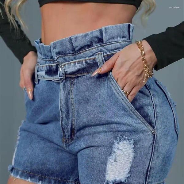 Jeans femininos apertados shorts jeans com renda babada e rasgado chique moda verão casual diário alto estilo mulher de ajuste de forma