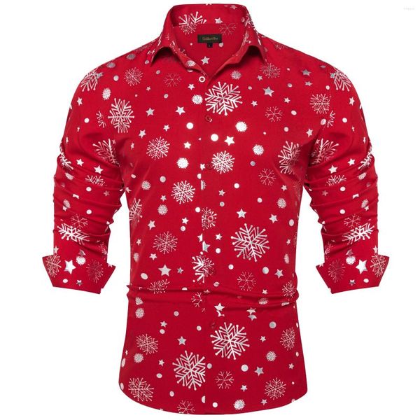 Herren-Freizeithemden, Weihnachtshemd, Party-Männerkleidung, rote Langarm-Bluse mit Button-Down-Kragen und silbernem Schneeflockenmuster