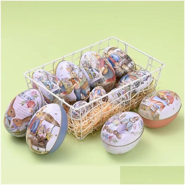 Bomboniera di Pasqua Banda stagnata a forma di uovo Caramella di latta Coniglietto Coniglio Stampato in metallo Stampato Confezione regalo Confezione regalo Custodia S M L Taglia Drop Deliv Dhegg