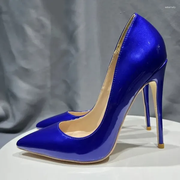 Sapatos de vestido Brilhante Azul Mulheres Patente De Couro Pointy Toe Salto Alto para Noite Deslizamento Formal em Moda Senhora Stiletto Bombas