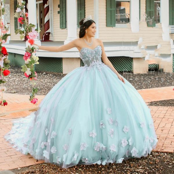 Mexikanisches Aquablaues, glänzendes Quinceanera-Kleid, Ballkleid, Pailletten, Perlen, Spitze, Applikationen, Blumen-Korsett, süßes 16. Kleid für 15 Jahre