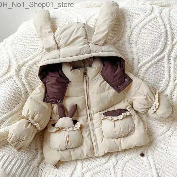 Down Ceket Bebek Kış Coats Tavşan Kulak Kapşonlu Ceket Kızlar İçin Sıcak Dış Giyim Çocuklar İçin Sıcak Dış Giyim Parkas Top Giysileri Prenses Tatlı Snowsuit Q231205