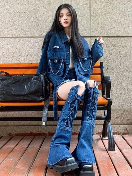 Vestidos de trabalho hikigawa 3 conjunto roupas femininas vintage manga longa mulheres jean jaquetas chique moda calças de comprimento curto todos os jogos perna mais quente