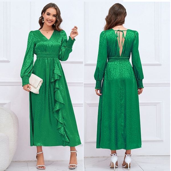 Kadın V yaka parti yeşil sırtsız elbise bornoz vintage tasarımcı ipek saten ince fırfırlı tatil elbiseleri 2023 bahar sonbahar zarif pist fener kol frakları
