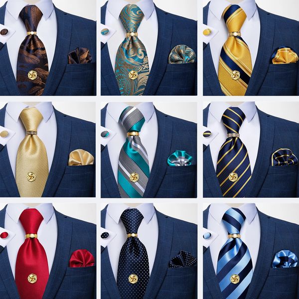 Галстуки на шею, мужские галстуки, темно-синий золотой полосатый деловой деловой галстук, носовой платок, запонки, набор колец, жаккардовый тканый шелковый свадебный DiBanGu 231204