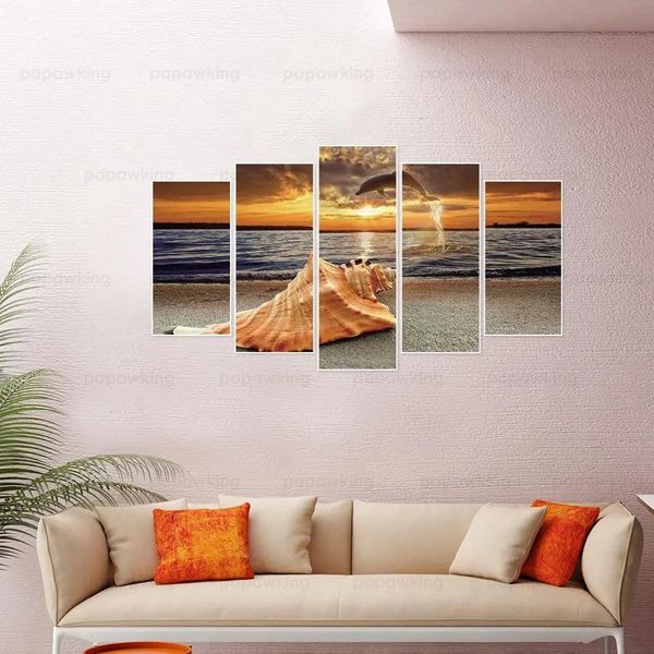 Dipinti Al Mare Tramonto Pittura Diamante Fai Da Te 5D Cinque Pezzi Completo Trapano Tondo Serie Paesaggio Kit Decorazione Della Casa Regali 231205