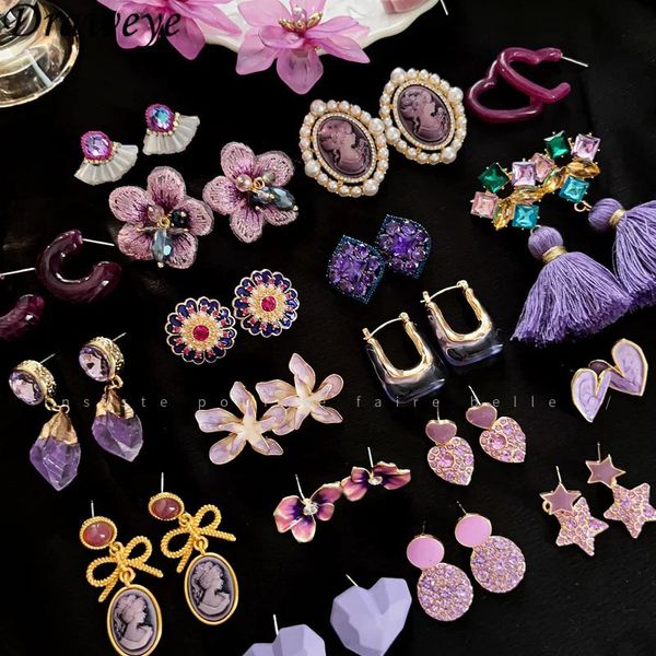 Charme draweye roxo borlas brincos para mulheres moda coreana flores doce elegante aretes de mujer vintage ins jóias 231205