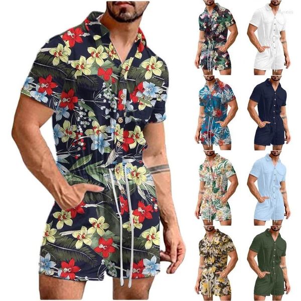 Herren-Trainingsanzüge, Sommer-Freizeit-Overall, solide Sets im Safari-Stil, einreihiger Revers-Kurzarm-Shorts-Anzug mit Schnürung