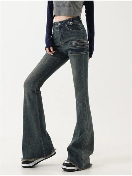 Frauen Jeans Taschen Design Skinny Slim Flare American Street Vintage Breite Bein Hosen Weibliche Gerade Denim Bell-Bottom-Hose