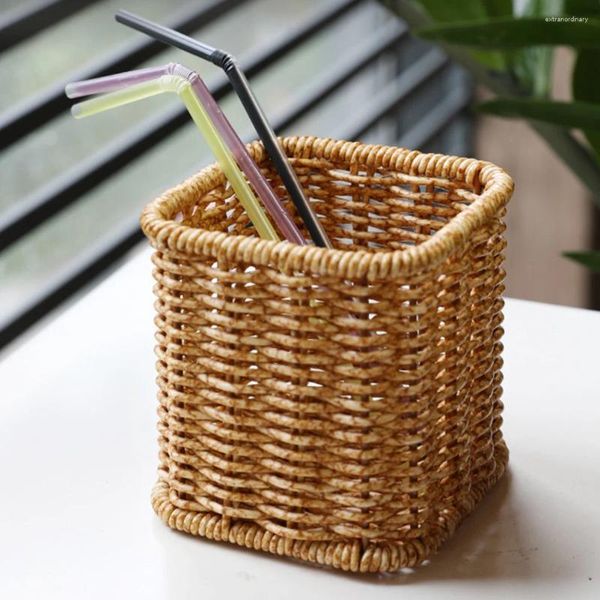 Küche Lagerung Rattan Bleistift Halter Wicker Stift Tasse Make-Up Pinsel Woven Vine Schreibtisch Organizer Container Box Office Home