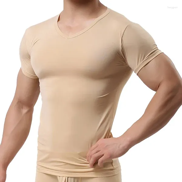 Ternos masculinos A2792 Homem Undershirt Ice Silk Camisetas Masculinas Nylon Com Decote Em V Mangas Curtas Tops Ultra-finos Cool Pijamas