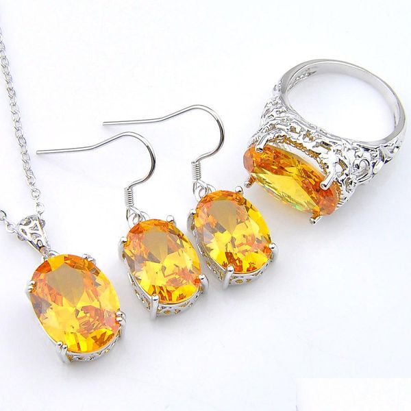 Düğün Takı Setleri 3 PCS/Set Luckyshine Düğün Nişan Düğünleri Takı Ateş Brezilya Citrine Gems 925 Sterling Sier Kolye Penda DHG3E