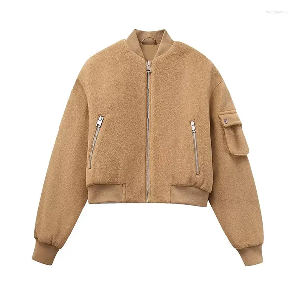 Giacche da donna YENKYE Giubbotto bomber corto marrone talpa da donna Tasche a maniche lunghe Cappotto caldo invernale da donna