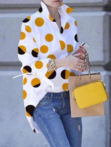 Kadınlar Blouses 2023 Polka Dot Bluz Kadınlar Yatak Uzun Kollu Gömlekler Artı Boyut Giysileri Ofis Sokak Giyim Beyaz