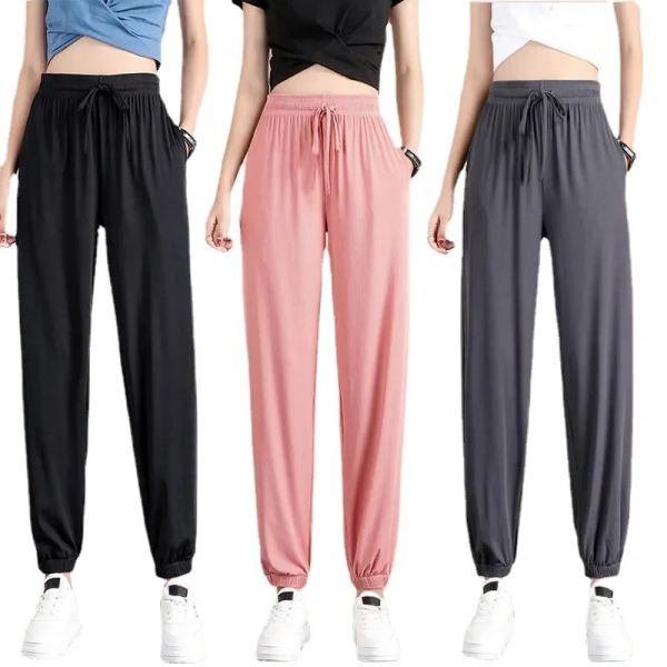 Pantaloni larghi da donna caldi Pantaloni sportivi di seta di ghiaccio Piedi larghi raggruppati Leggings larghi Pantaloni sottili elastici sanitari casuali