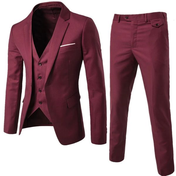 Costumes pour hommes Blazers Hommes marque costumes Blazer 3 pièces vin rouge élégant coupe ajustée bouton robe costume gilet fête mariage formel affaires décontracté Terno 231205