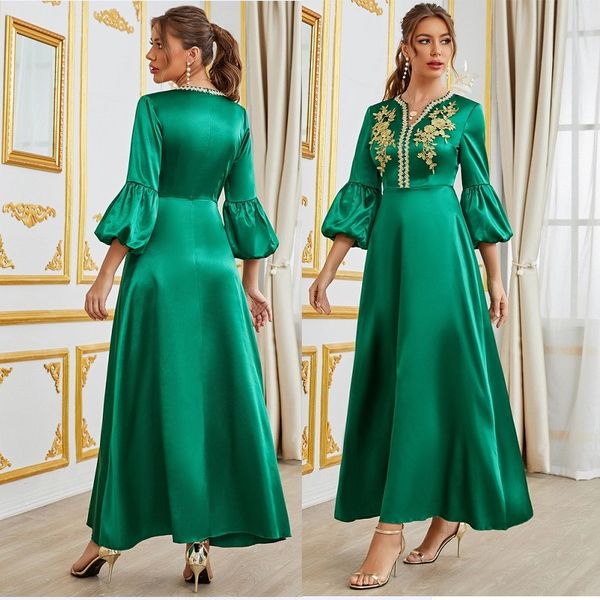 Винтажное шелковое атласное мусульманское женское платье макси с рукавами-фонариками и v-образным вырезом, тонкое цветочное зеленое платье с высокой талией для вечеринок, свободные большие распашные платья для отдыха 2023, весна-осень, милые платья для девочек