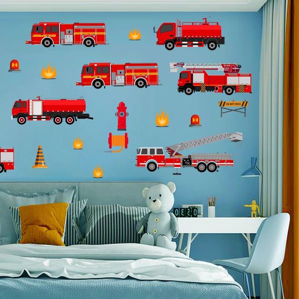 Decorazione da parete Cartoon Fire Truck Decorazione da parete Decalcomanie Camera dei bambini Sala giochi Camera da letto Camion dei pompieri Poster Murale Adesivi murali Camera dei bambini Nursery Decor 231204