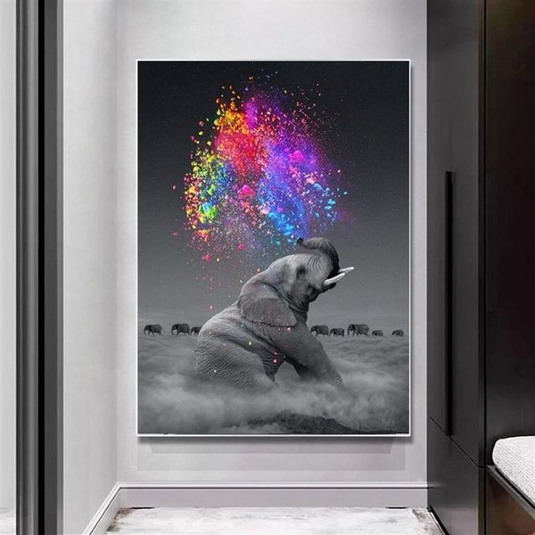 Baby-Elefant bläst Regenbogen, abstrakte Kunst, Poster und Drucke, Leinwandgemälde, Wandkunst, Bilder für Wohnzimmer, Heimdekoration, C198h