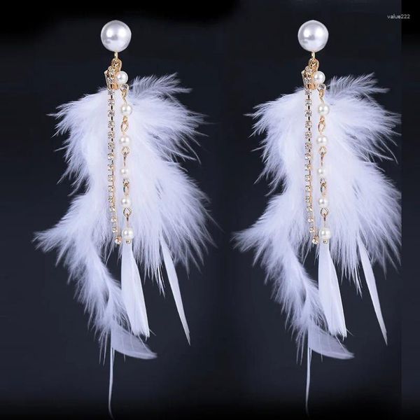 Серьги-гвоздики 2023, элегантные модные милые романтические преувеличенные большие белые перья, фея, темперамент, жемчужные кисточки для женщин