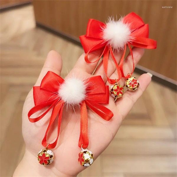 Grampos de cabelo 1 par cor sólida outono pelúcia bola redonda fita arco flor para menina crianças bonito hanfu chinês fada hairpin moda