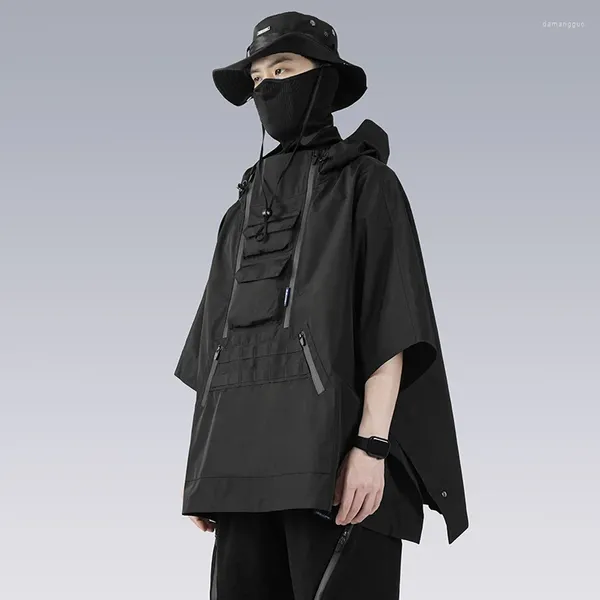 Jaquetas masculinas 2023 punk hip hop com capuz manto techwear estilo batwing manga oversized para homens esporte ao ar livre multi zíperes casaco