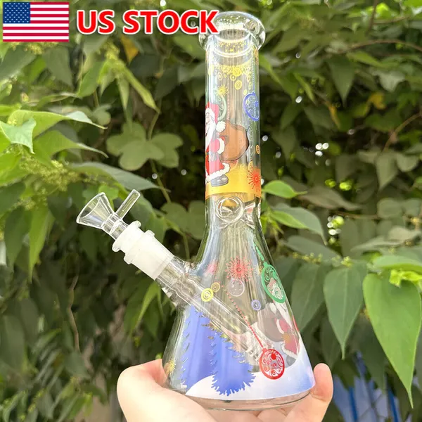 Noel Santa Baskı 10 inç Sigara Sigara Cam Su Borusu Bong Bubbler Bongs W/ Kase